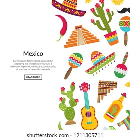 Vector flat Mexico attributes background with place for text illustration. Banner poster web page