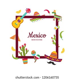 Vector flat Mexico attributes flying around frame with place for text illustration