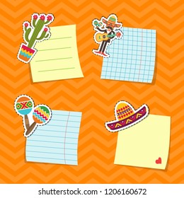 Vector flat Mexico attributes stickers with paper sheets set illustration