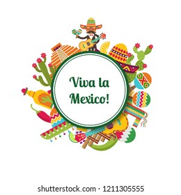Vector flat Mexico attributes under circle with place for text illustration
