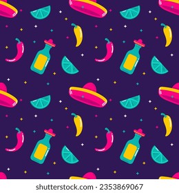 Vector flat Mexico seamless pattern with tequila, lime, pepper and sombrero