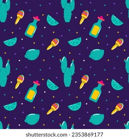 Vector flat Mexico seamless pattern with tequila, lime, maracas and cactus
