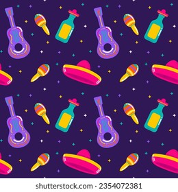 Vector flat Mexico seamless pattern with tequila, guitar, maracas and sombrero