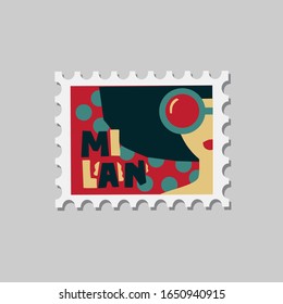 Vector flat Milan post stamp design. Hand drawn colorful lettering Milan in paper cut style. Colorful print design for for packaging design, brand design, poster, postcard, calendar