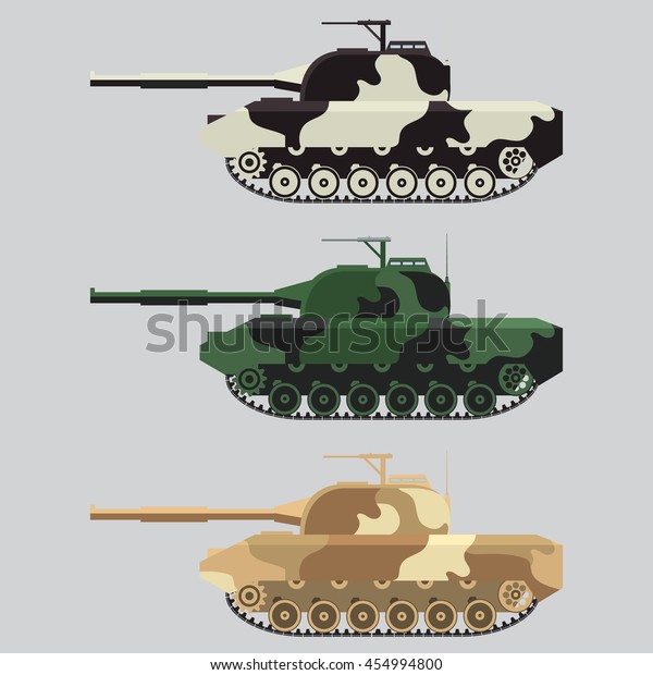Vector the flat\
military tank with a gun and a machine gun in a winter, desert,\
summer camouflage. For infographic, the historical websites and\
books and magazines.Element for\
games