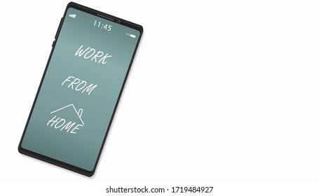 Vector flat minimal smartphone mock up with "Work From Home" handwriting text on white background, copy space.