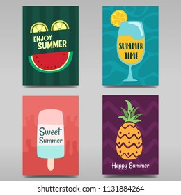 vector flat minimalist cartoon happy summer holiday poster template with fruit pineapple ice cream and juice illustration set collection