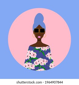 Vector flat minimalist style portrait, African girl in stylish sunglasses. Vector fashion summer illustration, postcard