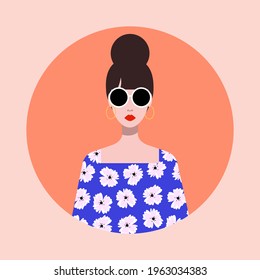 Vector flat minimalist style portret, pin-up girl in stylish sunglasses. Vector fashion summer illustration, poscard