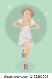 Vector flat minimalist style portret, pin-up girl in stylish sunglasses. Vector fashion summer illustration, poscard