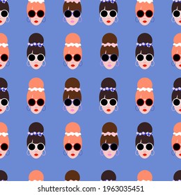 Vector flat minimalist style portrets, pin-up girls in stylish sunglasses. Vector fashion summer illustration. Summer seamless patterns