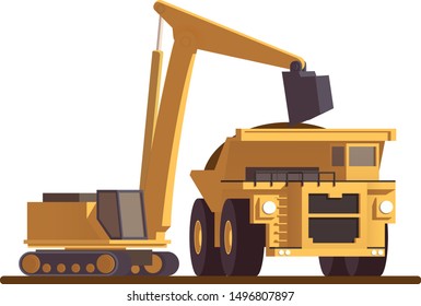 Vector Flat Mining Dump Truck Loading From Excavator. Isolated White Background