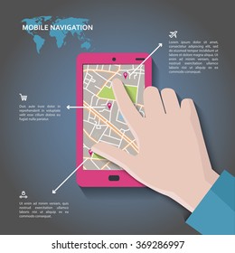 Vector flat mobile navigation concept, smartphone and hand pointing on city map