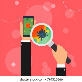 Vector flat mobile phone with CPU and computerbug seen through magnifying glass. Concept of cyber security Meltdown and Spectre exploit vulnerabilities in modern processors.