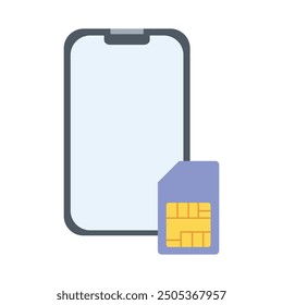 Vector flat mobile phone with sim card icon. Smartphone mockup with blank white screen and mobile telephone card, mobile gadget in flat style.