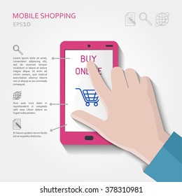 Vector flat mobile shopping concept, smartphone and hand pointing on screen