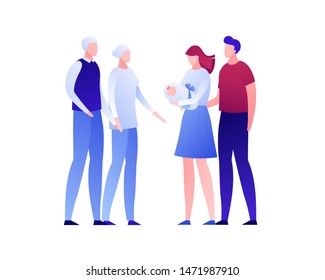 Vector flat modern big family character illustration. Grandparent with male and female child and newborn grandchild isolated on white background. Design element Concept of family love, relationship