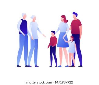 Vector flat modern big family character illustration. Grandparent with male and female child and boy girl grandchild isolated on white background. Design element Concept of family love, relationship