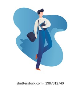 Vector flat modern character illustration. Artisctic stylish school student in uniform walk with bag and notepad in hands on liquid blue frame frame. Concept of diversity in high school education.