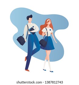 Dibujo de carácter moderno plano vectorial. La mejor pareja amiga de la escuela en uniforme caminar cogiendo la mano sobre un marco azul líquido. Concepto de joven fuerte amistad entre diferentes sexos. EPS 10