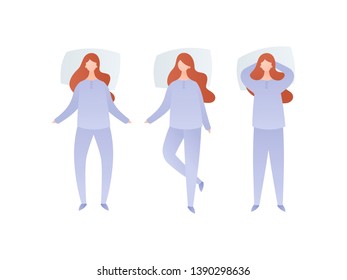 Vector flat modern character illustration. Set of redhead romantic cute women sleeping on back in sleep suit isolated on white background. Concept of sleeping in bed, insomnia, dream, relax.