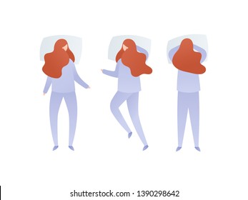 Vector flat modern character illustration. Set of redhead romantic beautiful women sleeping on stomach in pajamas isolated on white background. Concept of sleeping in bed, insomnia, dream, relax.