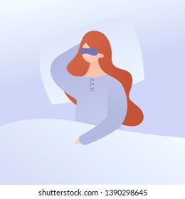 Vector flat modern character illustration. Redhead romantic beautiful women sleeping on side in pajamas with sleep mask isolated on white. Concept of sleeping in bed, insomnia, dream, relax.