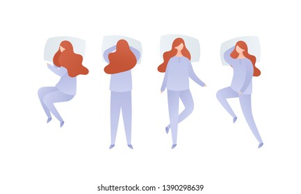 Vector flat modern character set of illustration. Group of redhead romantic beautiful women sleeping in different poses in pajamas isolated on white. Concept of sleeping in bed, insomnia, dream, relax svg