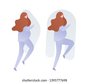 Vector flat modern character set of illustration. Pregnant redhead woman sleeping on maternity pillow in pajamas isolated on white. Concept of safe and comfort sleeping in bed, dream, baby caring. svg