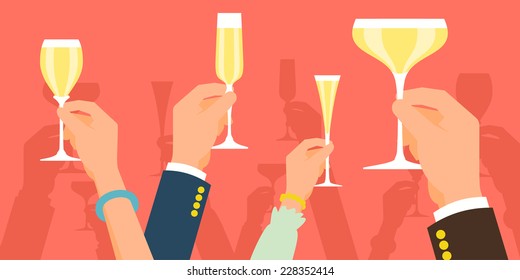 Vector flat modern concept illustration on celebration and party featuring multiple raised hands holding different champagne glasses, cheering | Simple corporate celebration event background