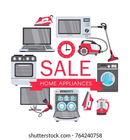 vector flat modern consumer electronics, home appliance sale icon set. Gas stove, dishwasher, washing machine, electric kettle or teapot, hair dryer, iron, vacuum cleaner, laptop, monitor clock.