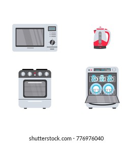 vector flat modern consumer electronics, home appliance icon set. Highly detailed gas stove, dishwasher machine, electric kettle or teapot and microwave oven. Isolated illustration on white backgroud