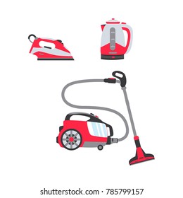 vector flat modern consumer electronics, home appliance sale icon set. Vacuum cleaner, steam iron and electric kettle or teapot. Isolated illustration on white backgroud