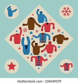 Vector flat modern creative concept design on christmas ugly sweater party | Holiday xmas background featuring multiple sweaters and cardigans