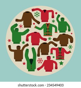 Vector flat modern creative concept design on christmas ugly sweater party | Holiday xmas background featuring multiple sweaters and cardigans