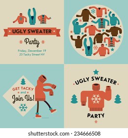 Vector Flat Modern Creative Concept Design On Christmas Ugly Sweater Party | Tacky Sweater Party Invitation Design Elements