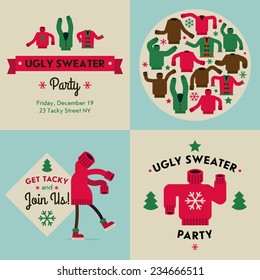 Vector flat modern creative concept design on christmas ugly sweater party | Tacky sweater party invitation design elements