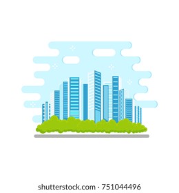vector flat modern ecological city icon concept with blue high business skyscrapers on background of green park. Isolated illustration on a white blue abstract background