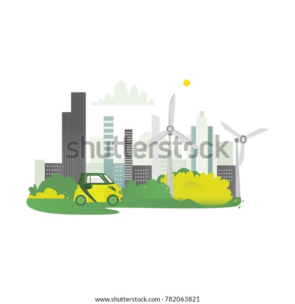 vector\
flat modern ecological city icon concept with green high business\
skyscrapers on background of green park, windmillsm and electric\
car. Isolated illustration on a white\
background