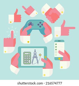 Vector flat modern icons of hands holding devices such as tablet, cell phone, game controller with addition of gestures: like (thumbs up), pointing fingers, tapping finger, shaking hands 