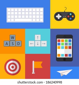 Vector flat modern icons set on sample backgrounds. Eps10