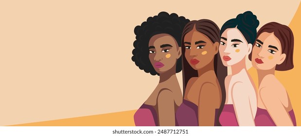 Vector flat modern illustration of four women of different nationalities and cultures. International Women's Day banner concept. Movement for gender equality and women's empowerment