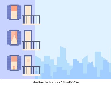 Vector moderno ilustración de fachada de casa, edificio de varios pisos, apartamentos de ciudad, vista exterior. Esquina de casa azul con pared, ventanas, balcones y barandillas.