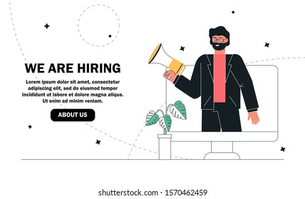 Vector flat modern illustration, man shouting on megaphone or loudspeaker and recruiting new employees people to work. We are hiring concept, recruitment agency. Landing page template.