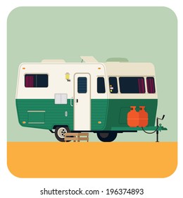 Vector flat modern illustration on vintage looking camping trailer parked | Rounded corners square icon on camping 