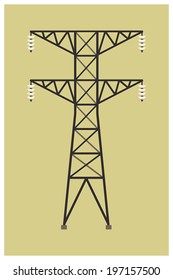 Vector flat modern illustration on power line tower on plain background | Cartoon overhead power line mast isolated