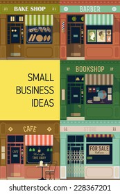 Vector flat modern illustration on small business ideas featuring multiple small shop and store facades | Different small business stores and shops