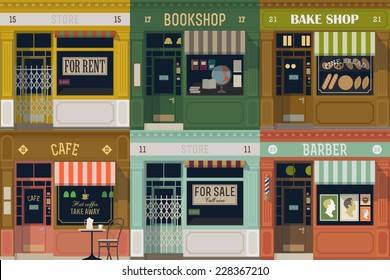 Vector flat modern illustration on multiple small shop and store facades | Different small business stores and shops