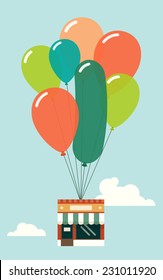Vector flat modern illustration on small shop with balloons flying | Concept design on small business going up