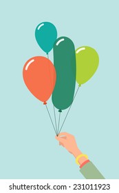 Vector flat modern illustration on female hand holding balloons 